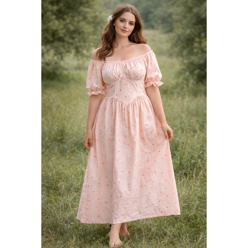 Milkmaid Prairie Dress Cottagecore Pink Floral Peasant Puff Sleeve Romantic L XL